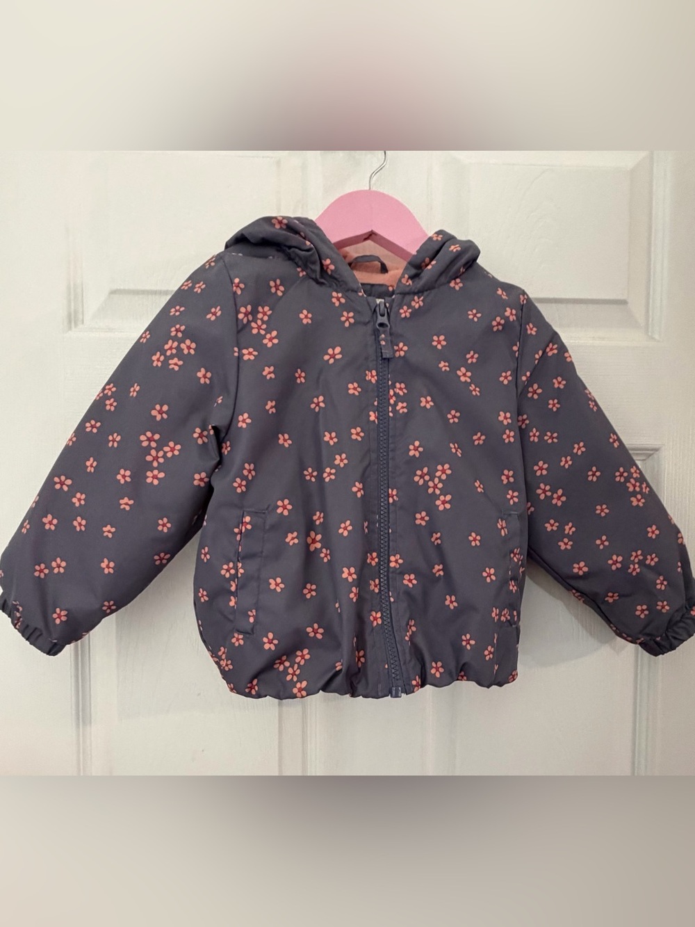 OshKosh B'gosh Gray Hooded Puffer Jacket with Pink Floral Print